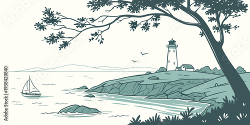 A solitary figure stands on a rocky shore, gazing at a distant ship on the horizon. Vector