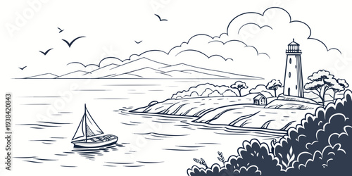 A serene coastal scene with sailboats and birds in a calm ocean setting. Vector