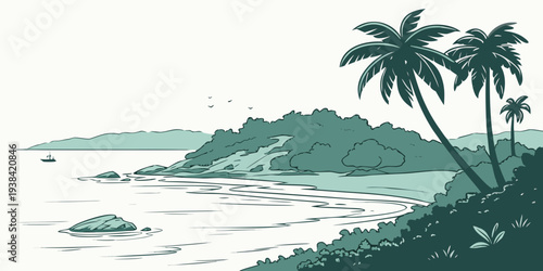 A serene tropical island with palm trees and a calm beach Vector