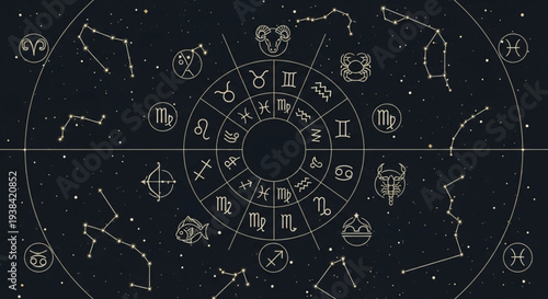 Astrology Zodiac Wheel with Constellations and Symbols.