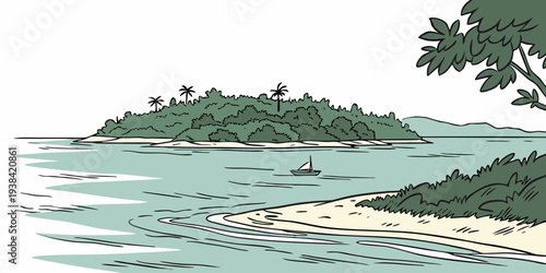 A serene lakeside scene with a small island and a sailboat in the distance. Vector