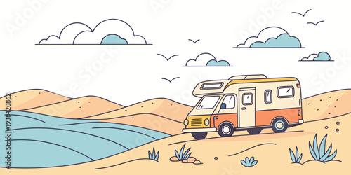 A serene beach scene with various activities and natural elements. Vector