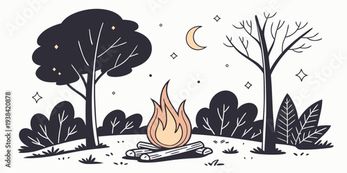 A serene nighttime campsite surrounded by trees under a starry sky. Vector