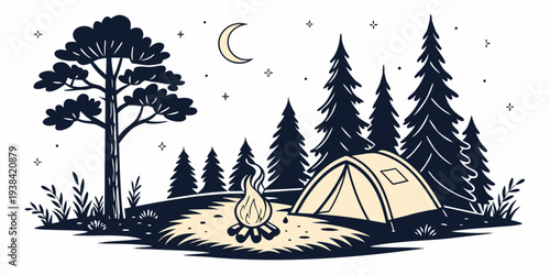 A tranquil campsite surrounded by tall pine trees under a starry night sky. Vector