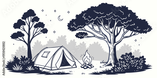 A serene campsite nestled in a forest with tents and trees under a starry night sky. Vector