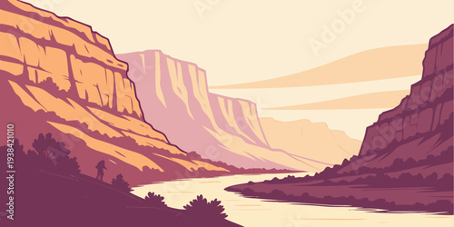 A serene river flows through a vast canyon under a warm sunset sky Vector
