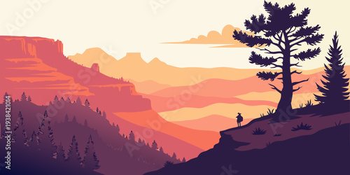 A serene landscape with a lone tree standing tall on a mountain ridge at sunset Vector