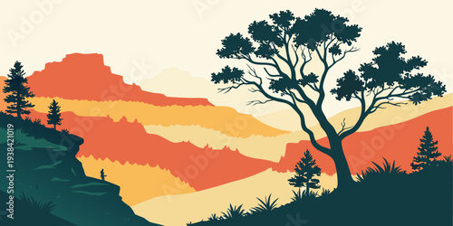A serene landscape with rolling hills and a solitary tree under a vibrant sunset sky Vector