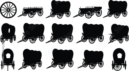 Set of vintage wild west covered wagon silhouettes and wooden carriage wheels icons isolated on white background for pioneer trail and western history designs.