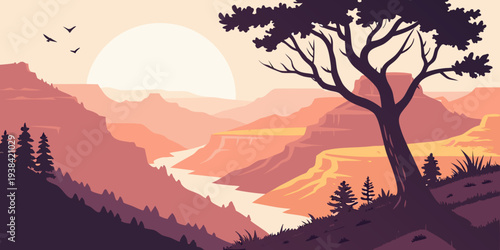 A serene landscape of mountains and trees under a vibrant sunset sky Vector