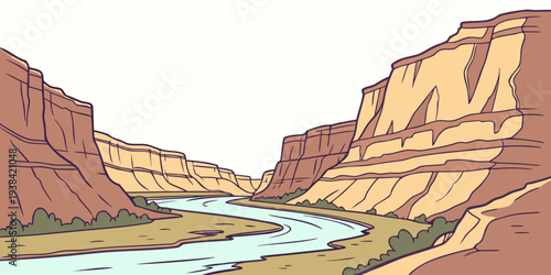 A serene river winding through a vast and rugged canyon landscape. Vector