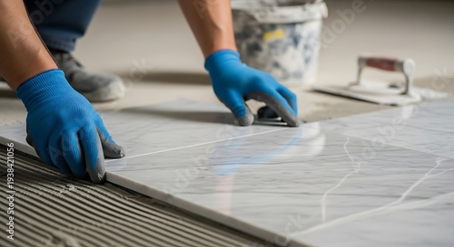 Artisan skillfully places marble tiles during renovation, precision, focus