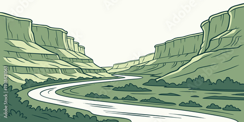 A serene river winding through a lush, green valley with towering mountains in the distance. Vector