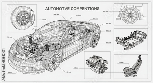 Automotive Components Blueprint Detailed Car Parts Illustration.