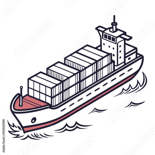 A large cargo ship sailing on the open sea carrying numerous containers. Vector