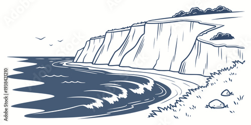 A serene coastal scene with a cliff and gentle waves Vector