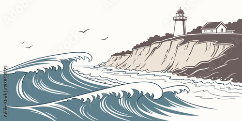 A lone ship braves the stormy seas near a rocky lighthouse Vector