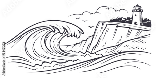 A powerful wave crashing against a rocky shoreline with a clear blue sky. Vector