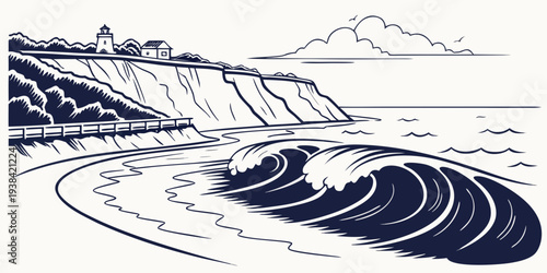 A serene seascape with waves crashing against a rocky shore under a cloudy sky Vector