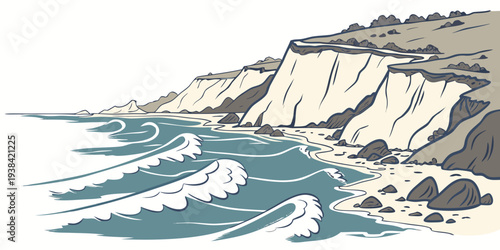 A serene coastal scene with waves crashing against rugged cliffs and a clear blue sky Vector