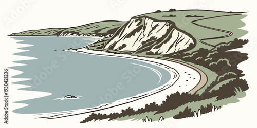 A serene landscape featuring a winding river flowing through a mountainous terrain Vector