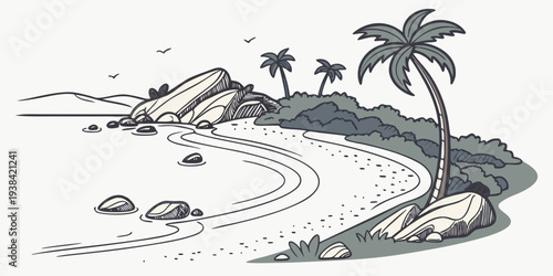 A serene beach scene with palm trees and a gentle wave approaching the shore Vector