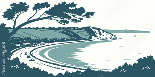 A serene beach scene with a gentle wave and a lone tree on the shore Vector