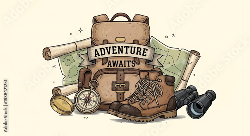 Adventure awaits with backpack boots map and compass.