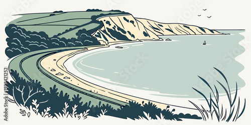 A serene beach scene with gentle waves and a clear blue sky overhead. Vector