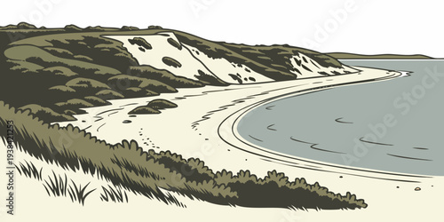 Aerial view of a serene beach with clear waters and surrounding hills Vector