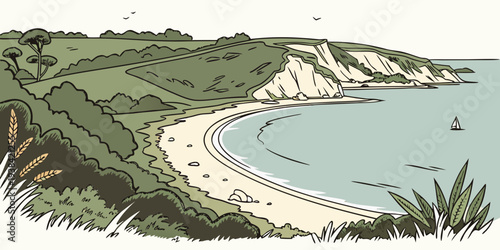 A serene beach scene with a small boat and a lighthouse in the distance Vector