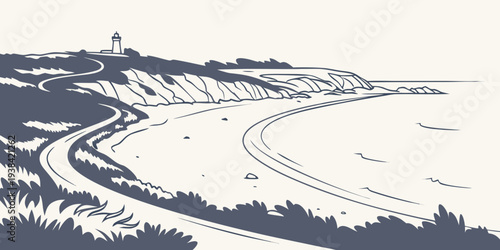 A serene beach scene with a lighthouse standing tall on a cliff overlooking the ocean. Vector