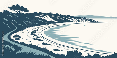 A scenic view of a winding road along a rocky coastline with crashing waves Vector
