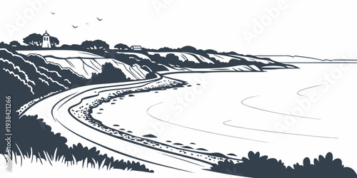 A winding road leads to a serene lakeside village nestled in a mountainous landscape. Vector