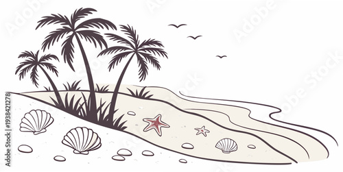 A serene tropical beach with palm trees and gentle waves. Vector