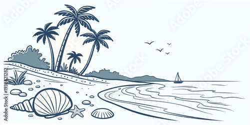 A serene beach scene with palm trees and a calm ocean Vector