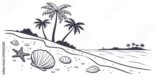 A serene beach scene with palm trees and seashells on the shore Vector