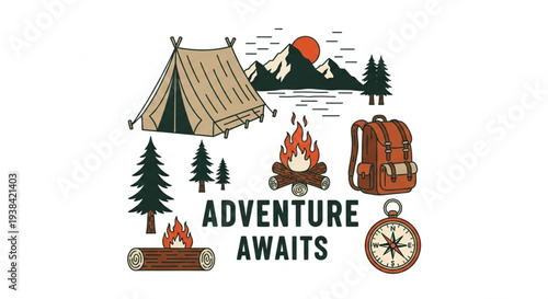 Adventure awaits with camping gear and nature elements.