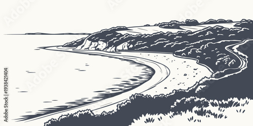 A picturesque view of a winding river flowing through a mountainous landscape Vector