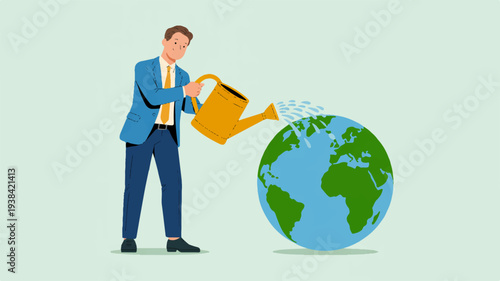 Happy businessman watering the earth with a yellow watering can symbolizing eco friendly business practices and sustainability