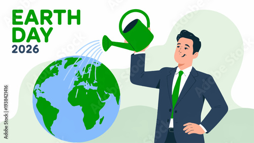 Smiling businessman watering earth on earth day 2026 eco friendly concept with green globe and suit