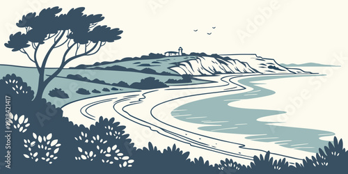 A serene coastal landscape with a winding road leading to a picturesque village. Vector