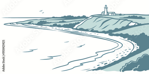 A serene beach scene with a lighthouse in the distance and gentle waves Vector