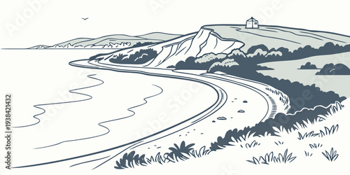 Aerial view of a coastal landscape with winding roads and natural vegetation. Vector