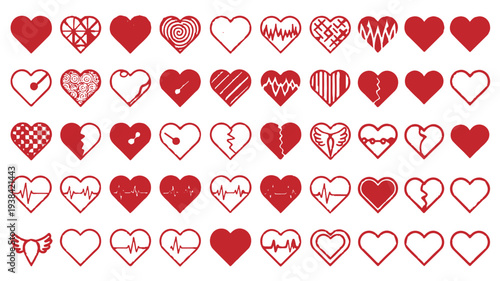 Vector set of various heart symbols and icons in red, featuring diverse designs and outlines, ideal for graphic projects related to love, romance, health, and emotion