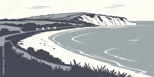 Aerial view of a winding river cutting through a vast, barren landscape. Vector