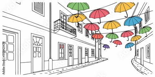 A bustling street scene with people enjoying colorful umbrellas and various activities Vector