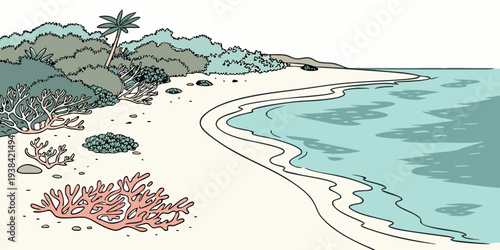 A serene beach scene with palm trees, clear blue water, and a colorful umbrella. Vector