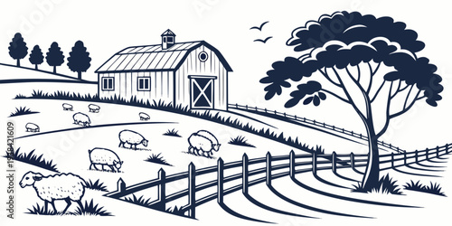 A serene countryside scene with a farmhouse and large trees in the background Vector