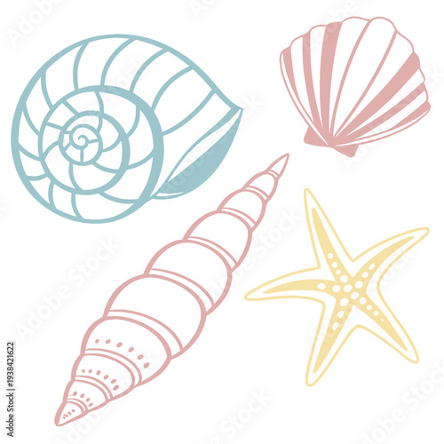 A delightful collection of seashells and a starfish on a white background Vector